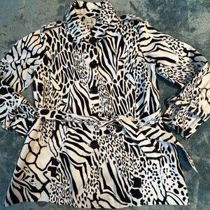 Shana K Trench Coat White Black Animal Print Mid Length Women's Size S